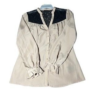 Guess Los Angeles Beige Button-Up Black Lace Light Blouse Womens Size Medium